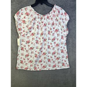 Pink K Women’s Shirt White Floral Flowy Blouse Size M Round Neck Pelal Sleeves